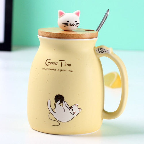 Kitty Kup Mug Ceramic Coffee Cup with Lovely Kitty Wooden Lid