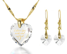 Load image into Gallery viewer, I Love You to the Moon and Back Necklace 24k Gold Inscribed and Crystal Heart Earrings