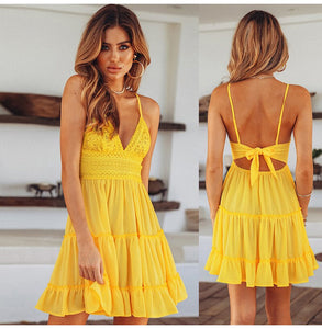 Women V Neck Lace Sleeveless Spaghetti Strap Dress