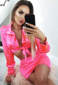 Women Satin V Neck Party  2 Piece Outfits Long Sleeve Bandage