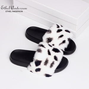 Ethel Anderson Women Real Rex Rabbit Fur Slippers Comfortable Indoor/Outdoor Slides Wholesale Plus Size