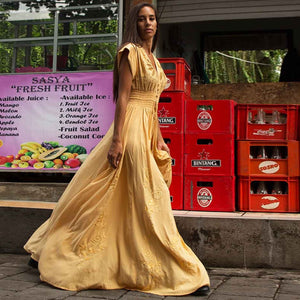 Women Yellow Embroidery Boho Dress