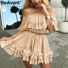 Load image into Gallery viewer, Women Ruffle Pleated Chiffon Summer Off Shoulder Elegant Dress