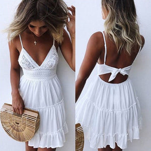 Women V Neck Lace Sleeveless Spaghetti Strap Dress