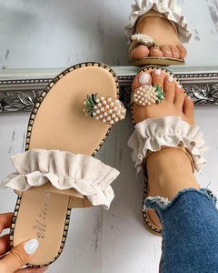 Women Slipper Pineapple Pearl Flat Toe Bohemian Casual Beach Sandals