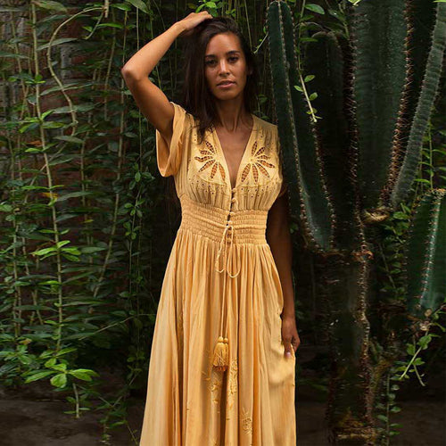 Women Yellow Embroidery Boho Dress