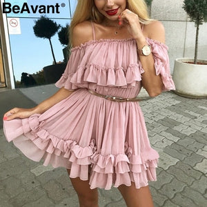 Women Ruffle Pleated Chiffon Summer Off Shoulder Elegant Dress