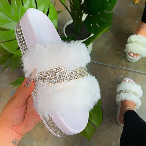 Luxury Designer Women Fur Rhinestone Slippers Platform Wedges Heel Solid Fluffy Furry Slides Outside Sexy Shoes Ladies Whosale