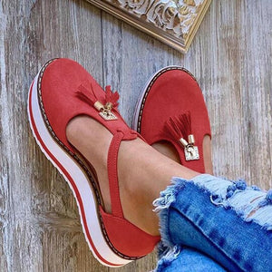 Women Sandals Tassel Round Toe Pumps Thick Bottom Buckle Strap Casual Shoes