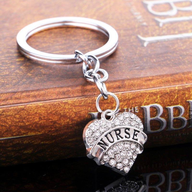 Clear Rhinestone Crystal Heart Nurse Key Chain Holder