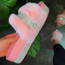 Load image into Gallery viewer, Luxury Designer Women Fur Rhinestone Slippers Platform Wedges Heel Solid Fluffy Furry Slides Outside Sexy Shoes Ladies Whosale