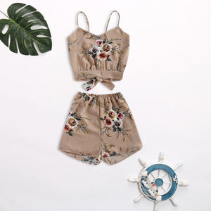 Women Two Piece Set Floral V Neck Cropped Top and Elastic Waisted Trim Shorts