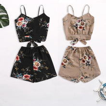 Load image into Gallery viewer, Women Two Piece Set Floral V Neck Cropped Top and Elastic Waisted Trim Shorts