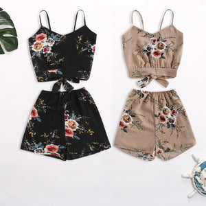 Women Two Piece Set Floral V Neck Cropped Top and Elastic Waisted Trim Shorts