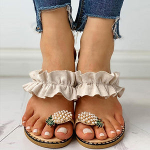 Women Slipper Pineapple Pearl Flat Toe Bohemian Casual Beach Sandals