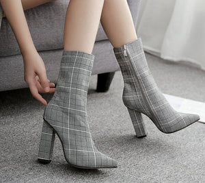 Women Elegant Thick Heel Gingham Sock Boot Sexy Pointed Toe