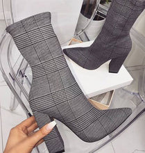 Load image into Gallery viewer, Women Elegant Thick Heel Gingham Sock Boot Sexy Pointed Toe