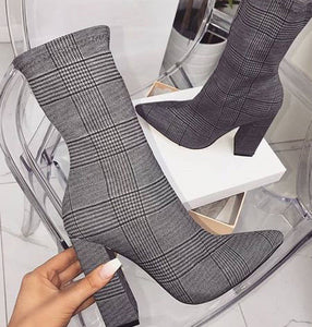 Women Elegant Thick Heel Gingham Sock Boot Sexy Pointed Toe