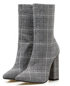 Women Elegant Thick Heel Gingham Sock Boot Sexy Pointed Toe