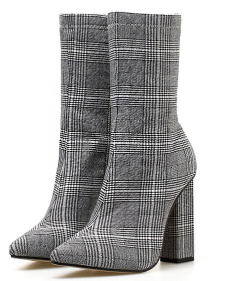 Women Elegant Thick Heel Gingham Sock Boot Sexy Pointed Toe