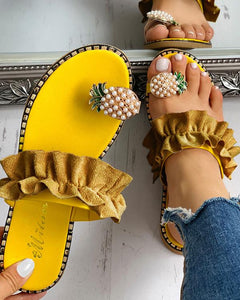 Women Slipper Pineapple Pearl Flat Toe Bohemian Casual Beach Sandals