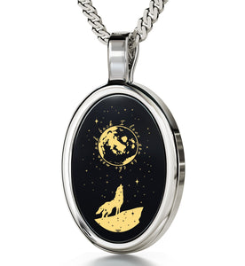 I Love You to the Moon and Back Necklace Wolf Pendant 24k Gold Inscribed on Onyx