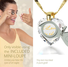 Load image into Gallery viewer, I Love You to the Moon and Back Necklace 24k Gold Inscribed and Crystal Heart Earrings