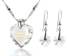 Load image into Gallery viewer, I Love You to the Moon and Back Necklace 24k Gold Inscribed and Crystal Heart Earrings