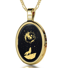 Load image into Gallery viewer, I Love You to the Moon and Back Necklace Wolf Pendant 24k Gold Inscribed on Onyx