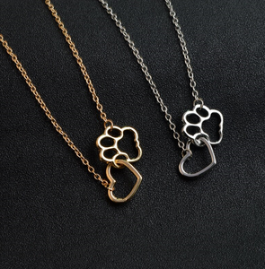 Heart & Dog Paw Charm Necklace Puppy Foot Print Lover's