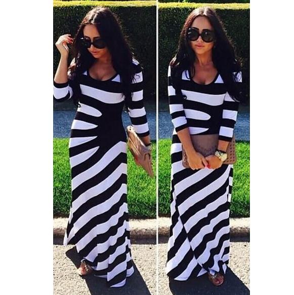 Women Long Sleeved Black and White Maxi Dress