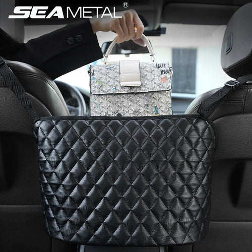 Car Handbag Holder Luxury Leather Seat Back Organizer Mesh Large Capacity Bag Automotive Goods Storage Pocket Seat Crevice Net