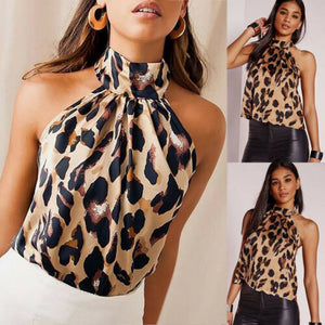 Womens Summer Halter Neck Tank Top Leopard Print Sleeveless Blouse T Shirts