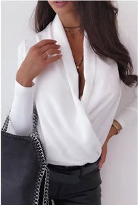 Women V Neck Office Blouses Shirts Long Sleeve Tops