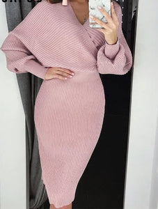 Women V-Neck Knitted Dress Elegant Two-Piece Sleeve Sweater Party Dress