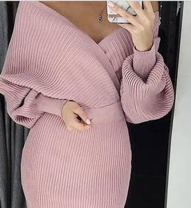 Women V-Neck Knitted Dress Elegant Two-Piece Sleeve Sweater Party Dress