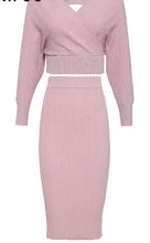 Load image into Gallery viewer, Women V-Neck Knitted Dress Elegant Two-Piece Sleeve Sweater Party Dress