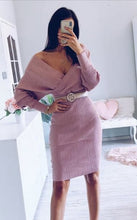 Load image into Gallery viewer, Women V-Neck Knitted Dress Elegant Two-Piece Sleeve Sweater Party Dress