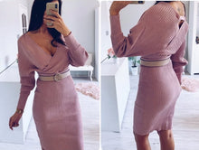 Load image into Gallery viewer, Women V-Neck Knitted Dress Elegant Two-Piece Sleeve Sweater Party Dress