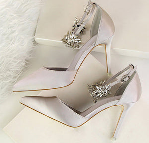 Elegant Rhinestone High Heels Women Pumps Silk Pointed Toe Shoes