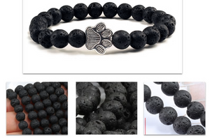 Natural Matte Black Lava Volcanic Stone Paw Print Charm Bracelet