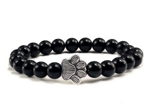 Natural Matte Black Lava Volcanic Stone Paw Print Charm Bracelet