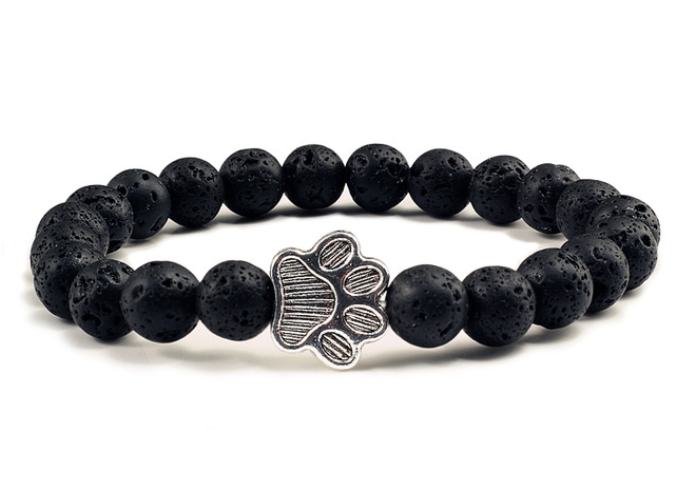 Natural Matte Black Lava Volcanic Stone Paw Print Charm Bracelet