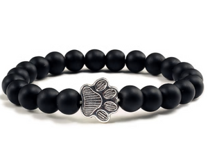 Natural Matte Black Lava Volcanic Stone Paw Print Charm Bracelet