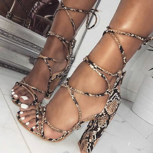 Women Snake Print Gladiator Sandals Lace up Cross-tie High Thick Heel