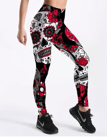 Women Skull & Flower Black Leggings Digital Print