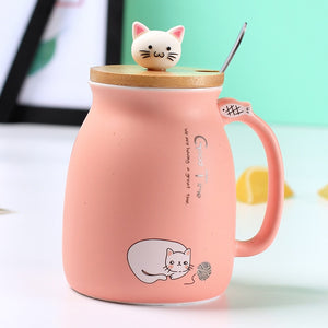 Kitty Kup Mug Ceramic Coffee Cup with Lovely Kitty Wooden Lid