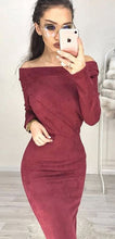 Load image into Gallery viewer, Women Suede Long Sleeve off shoulder Midi Bodycon Dress Sexy Party Dress