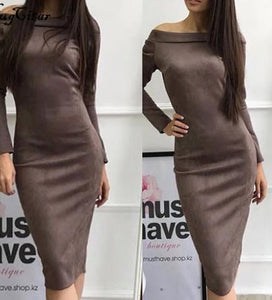 Women Suede Long Sleeve off shoulder Midi Bodycon Dress Sexy Party Dress