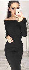 Women Suede Long Sleeve off shoulder Midi Bodycon Dress Sexy Party Dress